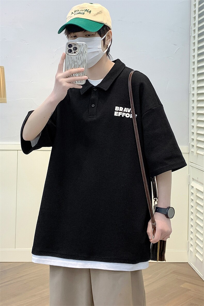夏季青少年假两件休闲半袖纯色港风翻领T恤短袖1500-P45控价68,男装T恤,电商A441-1