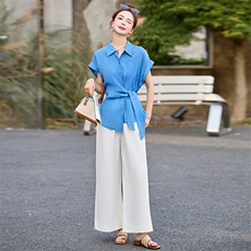 欧货欧洲站高级精品2025夏新款时尚翻领系带衬衫上衣女装衬衣，女装套装/套裙，魅丽静蓝