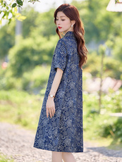 现货2025年夏季文艺复古印花妈妈休闲连衣裙，女装连衣裙，依恋蒂丝