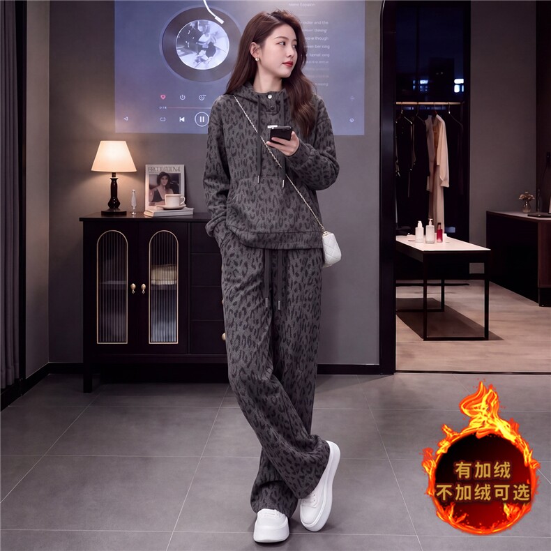 简约时尚休闲套装女秋冬款洋气减龄豹纹连帽长袖卫衣直筒裤两件套,女装套装/套裙,江南