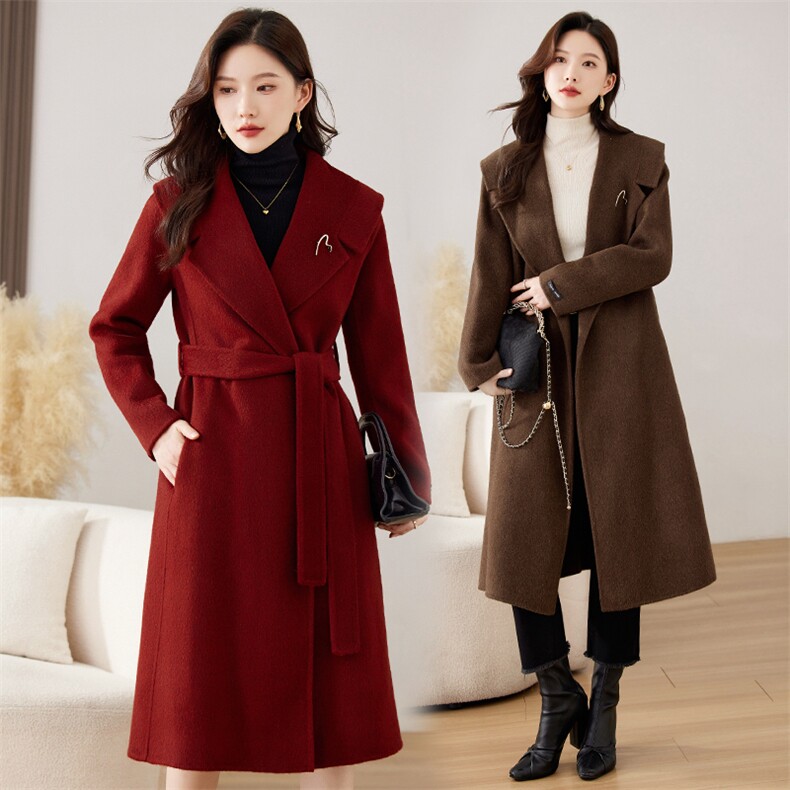 2025年秋冬新款时尚气质系带羊毛长款双面羊毛大衣外套，女装双面呢大衣，媚琳依坊