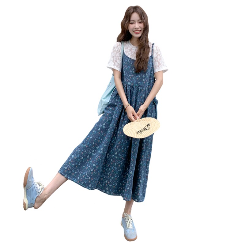 法式碎花拼接吊带裙套装女2025夏季新款时尚蕾丝绣花短袖两件套,女装套装/套裙,2C262