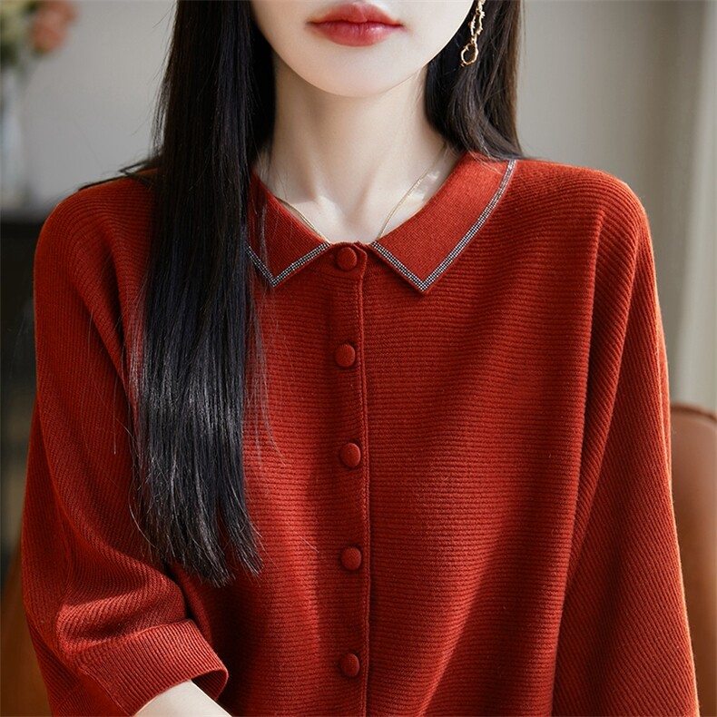 春秋装开衫女POLO翻领针织衫外套外搭宽松,针织衫/毛衣,暖烁特种纱工厂店
