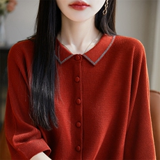 春秋装开衫女POLO翻领针织衫外套外搭宽松，女装针织衫/毛衣，暖烁特种纱工厂店