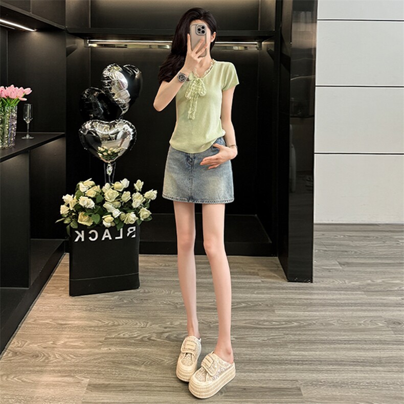 欧货潮流时尚套装女夏新款蕾丝拼接蝴蝶结针织衫牛仔短裙两件套,女装套装/套裙,江南