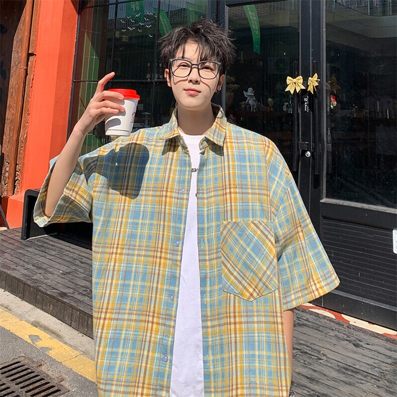 短袖衬衫男夏季新款磨毛格子衬衣DX711-特批25无差价，男装衬衫，星座214-3