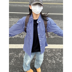 格子衬衫春夏美式蓝色格子衬衫港风情侣装休闲长袖衬衣CS276-P35图片