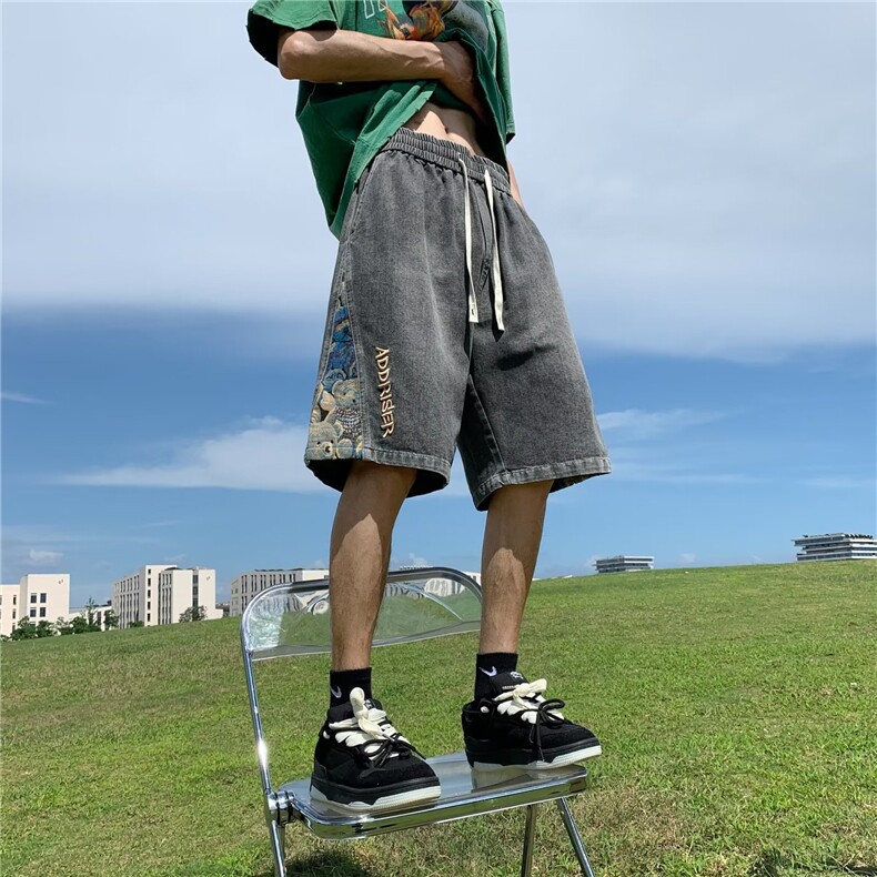 刺绣拼接牛仔短裤男款宽松直筒痞帅裤子夏季潮牌高街五分裤,男装牛仔裤,星座410-7