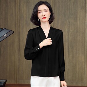 白色真丝衬衫女长袖时尚洋气V领大牌重磅桑蚕丝上衣2024秋季新款图片
