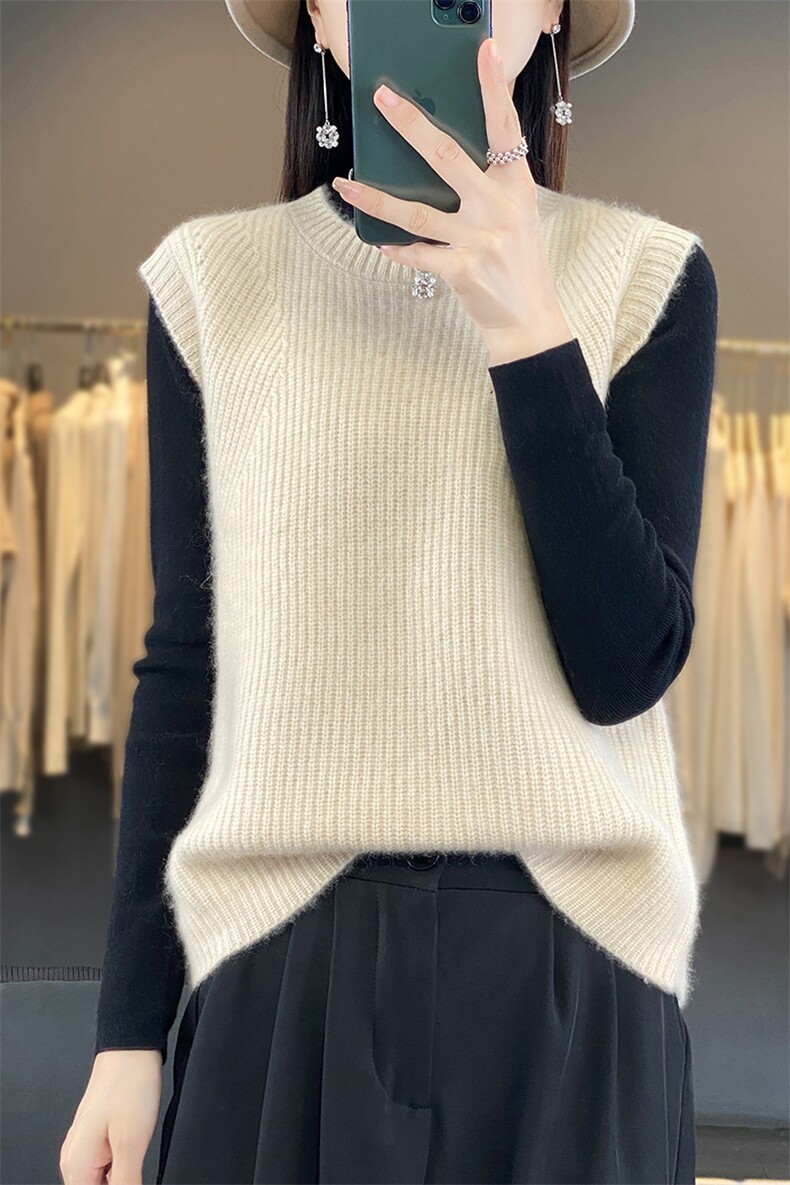 时尚百搭黑色无袖针织马甲女秋冬季新款宽松显瘦毛衣背心外套,女装马甲,羿纯羊绒
