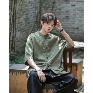 现货~新中式夏季新款五分袖衬衫宽松大码A021-CS9898-P65-控88图片