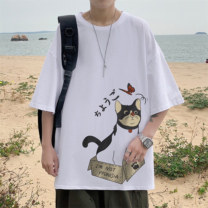 2023夏新厦门外景宽松印花猫戏蝶休闲大码男纯短袖T恤T004-P23,男装T恤,电商A001