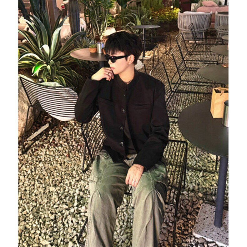 新中式红色垫肩中山装外套男秋冬痞帅短款毛呢西装大衣XZ34,男装毛呢大衣,星座1116A（原606A-3）