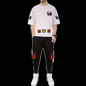 2021夏季男士新款运动休闲短袖套装印花短袖T恤套装男F164P75图片