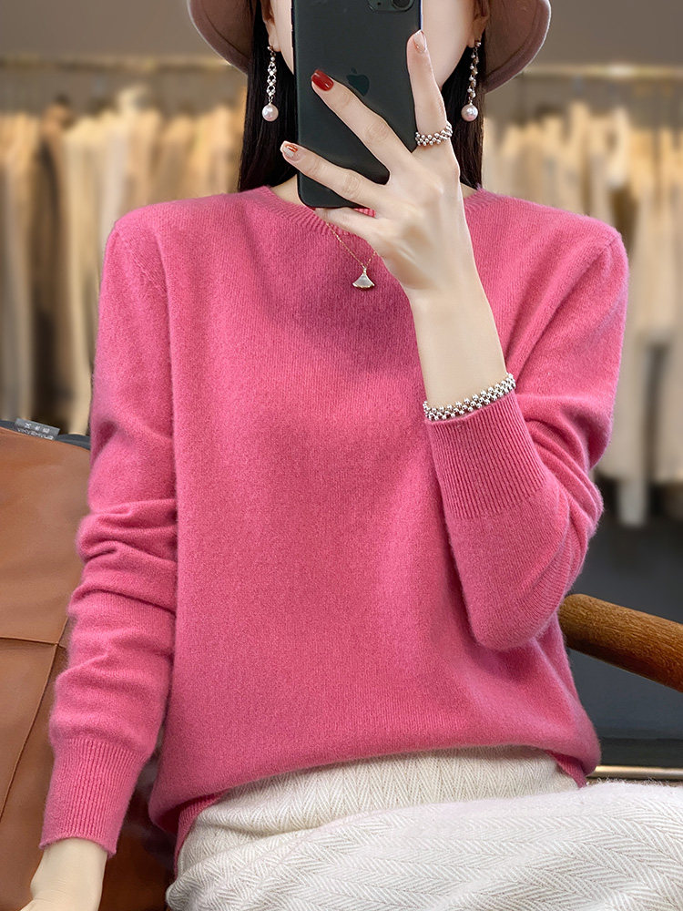 圆领新款针织长袖女纯色简约百搭宽松套头上衣,针织衫/毛衣,戎洋