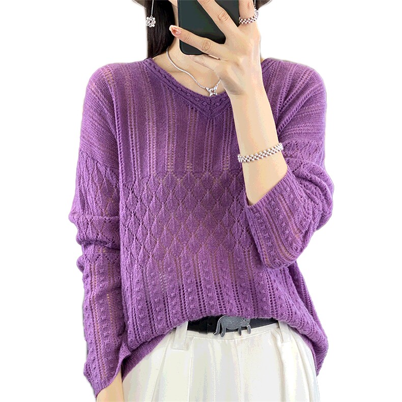 钩花镂空V领纯羊毛针织衫女2025秋冬慵懒风韩版长袖内搭打底毛衣,女装羊毛衫,暖烁羊绒