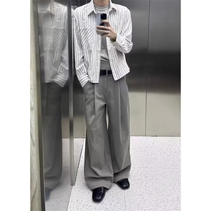 秋季新款竖条纹衬衫男女日系复古痞帅高级感宽松休闲长袖衬衣潮图片