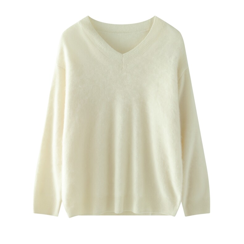 V领宽松型纯色厚款套头拉绒羊毛衫高支进口羊毛不掉毛不起球加厚，女装羊毛衫，优麦羊绒（原洪叶羊绒）