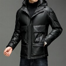 X2252秋冬新款海宁皮衣男士绵羊皮夹克鹅绒羽绒服连帽P810，男装皮衣，电商B360