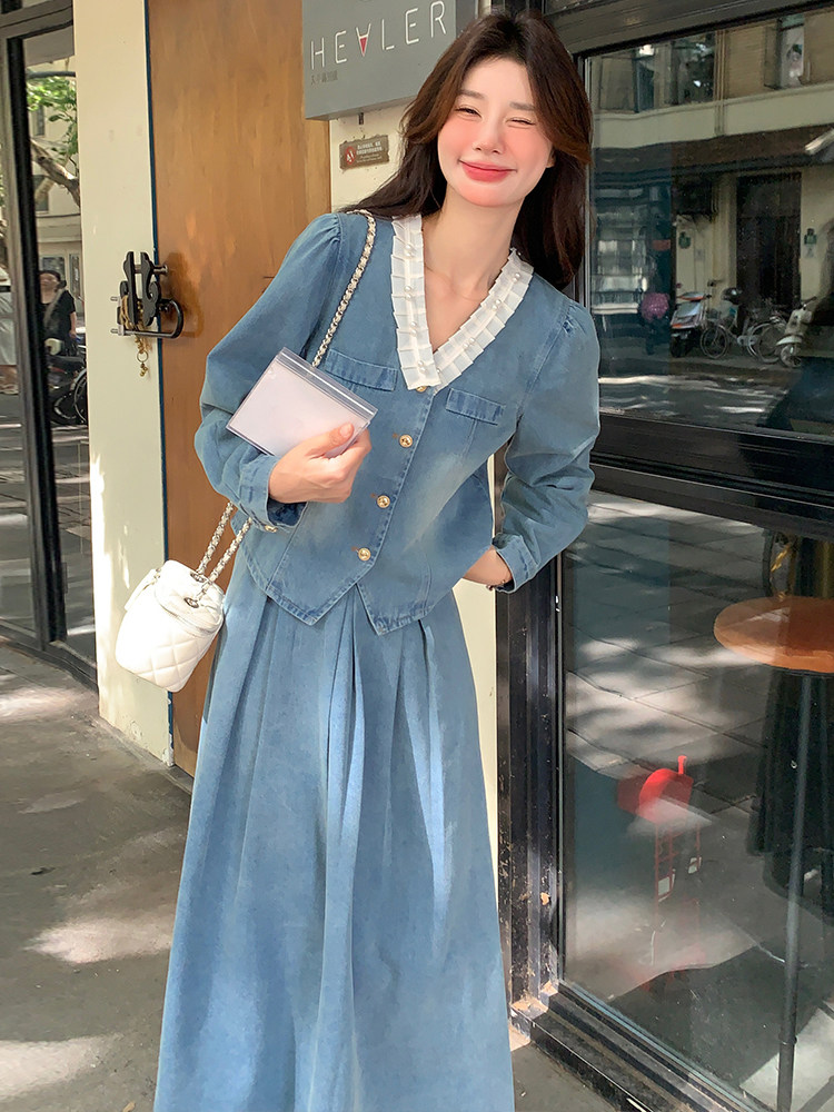 法式蕾丝花边拼接牛仔套装裙女2025春季新款气质温柔风百搭两件套,女装套装/套裙,浙宝305