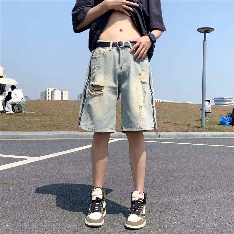 五分牛仔短裤男士宽松直筒青少年夏季薄款中裤潮流休闲运动短裤,男装牛仔裤,星座1013