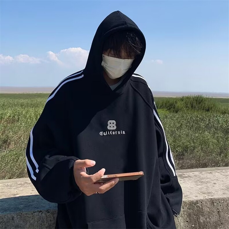 简约日系慵懒时尚潮流行新款三条杠条纹卫衣男连帽百搭GAA02P55，男装卫衣，星座1013-5