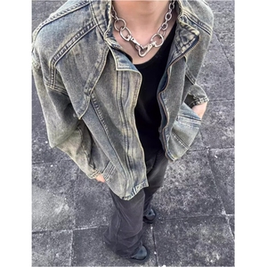 【001】毛边水洗牛仔外套男拉链立领机车夹克短款A079-2205-P69图片