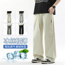 【现货】夏季新款冰丝休闲裤薄款宽松拼接港风松紧腰长裤1667-P40，男装休闲裤，星座1006