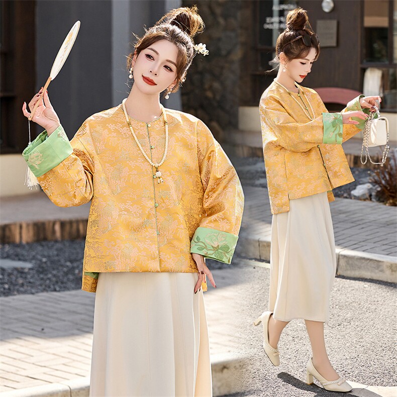 新中式宋锦圆领盘扣外套女原创设计黄色复古洋气休闲宽松上衣,女装短外套,艾仟回(原伊仟回)