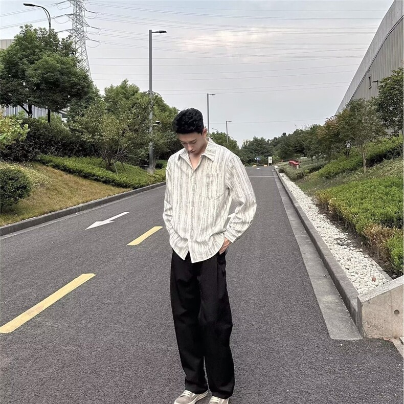 日系叠穿竖条纹长袖衬衫男女复古春秋季穿搭宽松休闲衬衣新款潮搭,男装衬衫,星座302B