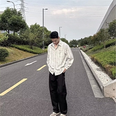 日系叠穿竖条纹长袖衬衫男女复古春秋季穿搭宽松休闲衬衣新款潮搭，男装衬衫，星座302B