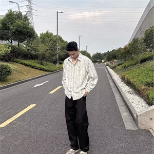 日系叠穿竖条纹长袖衬衫男女复古春秋季穿搭宽松休闲衬衣新款潮搭图片