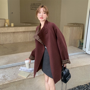 安可拉红格子毛呢外套女中长款2024秋冬新款小个子加厚气质呢大衣图片