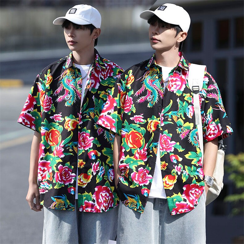 DC203男女中性风东北大花短袖衬衫衬衣外套民族风汉服团队服图片