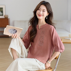 苎麻衬衫女夏季刺绣小衫2025新款国风洋气妈妈中袖上衣棉麻，女装衬衫，希欧阁