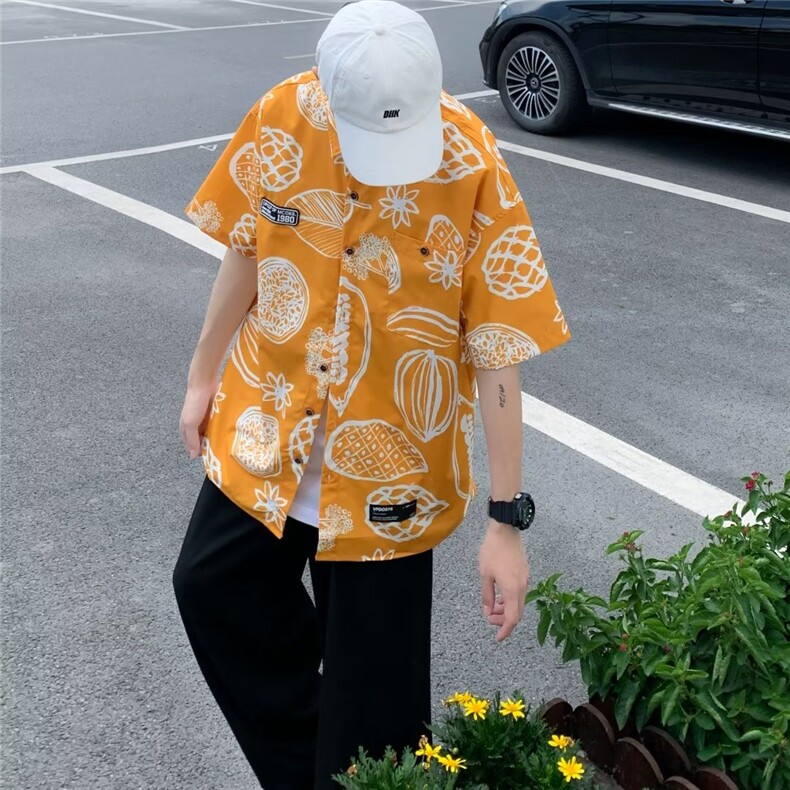 日系港风潮流潮牌痞帅外套满印衬衫男夏季小众短袖衬衣W3394-P30,男装衬衫,星座512-2