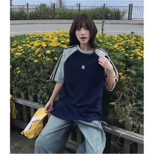 抖音得物品质二开240克宽松纯棉美式潮牌插肩三杠织带短袖T恤图片