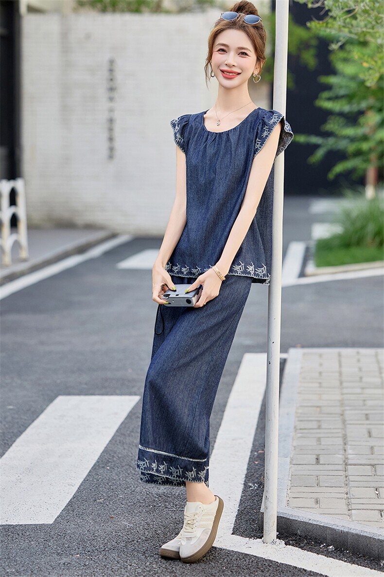 韩版刺绣牛仔阔腿裤两件套装女2025夏季新款小个子时尚飞袖套装潮,女装套装/套裙,魅影