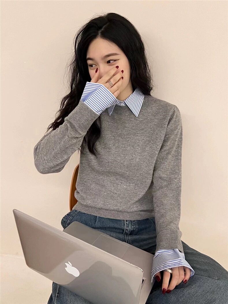 时尚百搭拼接假两件套头衫经典衬衣领设计优雅显瘦羊毛衫,女装羊毛衫,圣旺供货