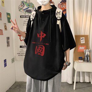 LD54198-P45连帽短袖t恤男大码胖子带帽五分袖中袖,男装T恤,电商A040