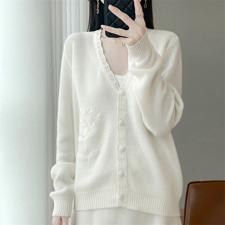 重工刺绣钩花100纯羊毛开衫女花边V领绣花针织毛衣宽松羊绒衫外套，女装针织衫/毛衣，江南羊绒