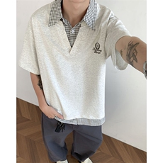 假两件短袖男格子拼接polo衫t恤翻领复古宽松休闲上衣，男装T恤，星座410-6（原星座1304-1）