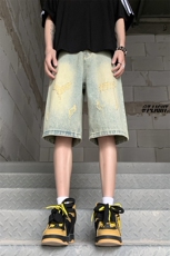 B221美式ins高街暗黑设计感直筒五分牛仔裤LK23072-P50控68，男装牛仔裤，电商B221