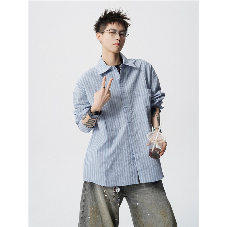 立体泡泡纱肌理条纹衬衫M-5XL大码高智感长袖衬衣CS78115P65控98，男装衬衫，星座227-7