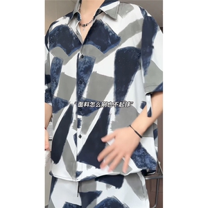 1短袖衬衫男+短裤潮流休闲套装男M-5XL大码TZ78704P50控98模特图图片