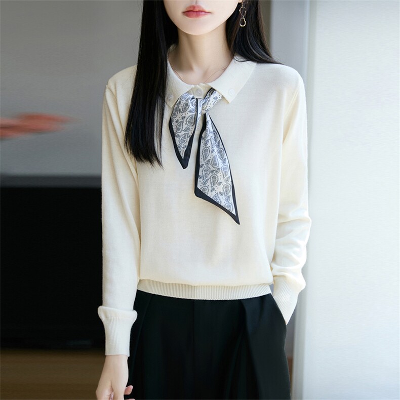早秋新款时尚外穿洋气针织小衫上衣领结丝巾宽松显瘦薄款毛衣打底，女装针织衫/毛衣，唐诺