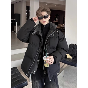 假两件牛仔拼接羽绒棉服男款冬季加厚短款工装棉衣设计感小众外套图片