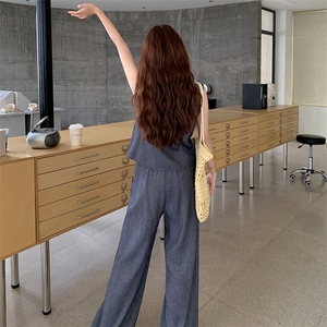 甜美灰色不规则背心阔腿裤套装女夏季2025新款今年流行爆款两件套图片