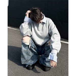 假两件拼接卫衣长袖男装潮流宽松衬衫领男女上衣外套WB386-P46图片