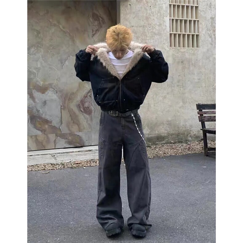 美式连帽牛仔棉服男女水洗重磅座山雕毛领复古加绒加厚夹克外套潮,男装夹克,四季星座505